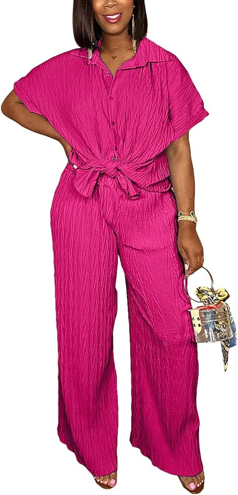 Casual Two Piece Set for Women - Button Down Shirt and Wide Leg Pants Matching Set Tracksuits | Amazon (US)