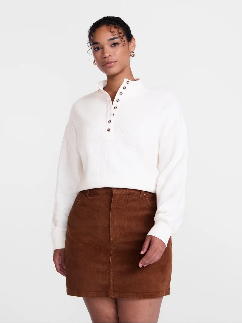 Scenario Women's and Women's Plus Waffle Knit Button Top with Long Sleeves, Sizes XS-4X | Walmart (US)