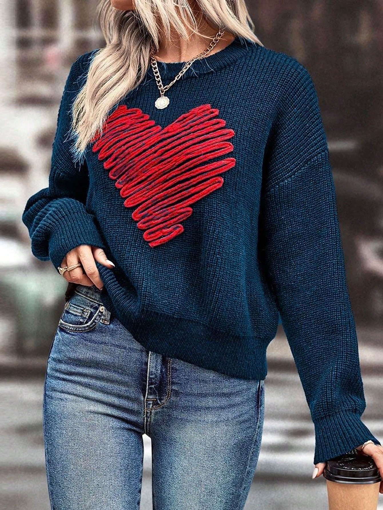 SHEIN LUNE Heart Pattern Drop Shoulder Sweater | SHEIN