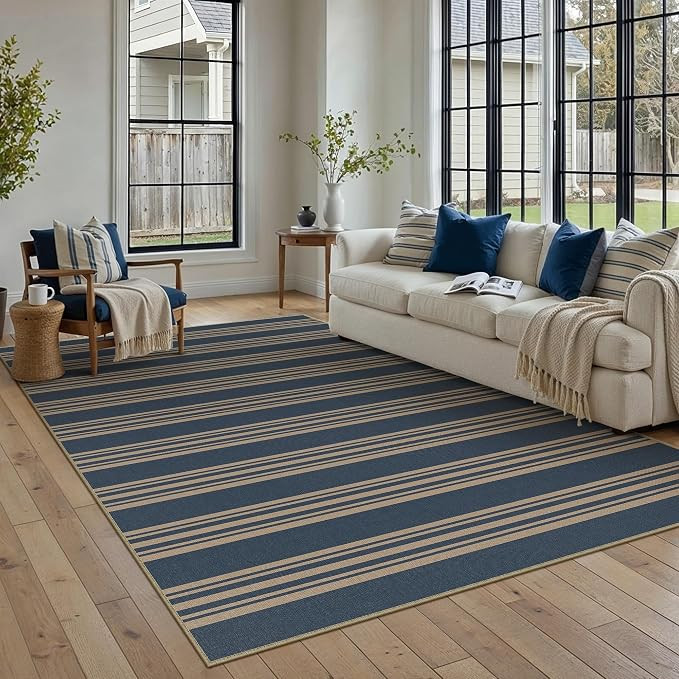 Striped Easy Jute Rug 5x7 Blue Living Room Carpet Washable Non Slip Bedroom Office Rug Farmhouse ... | Amazon (US)
