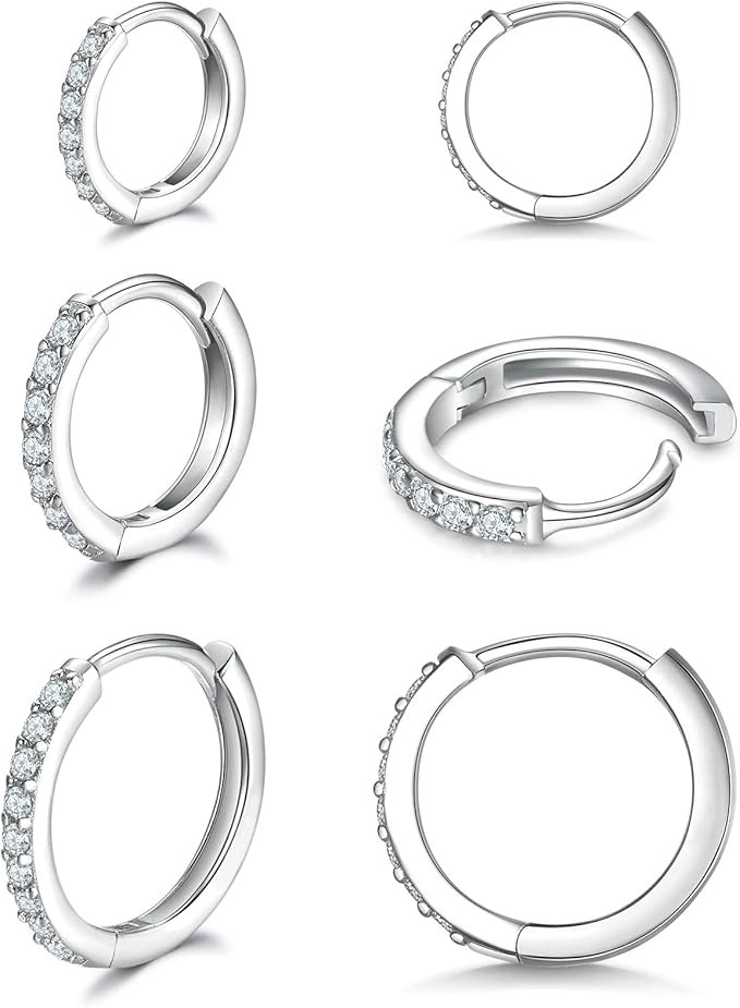 925 Sterling Silver Small Hoop Earrings Cubic Zirconia Huggie Hoop Earrings, 3 Pairs 14K White Go... | Amazon (US)