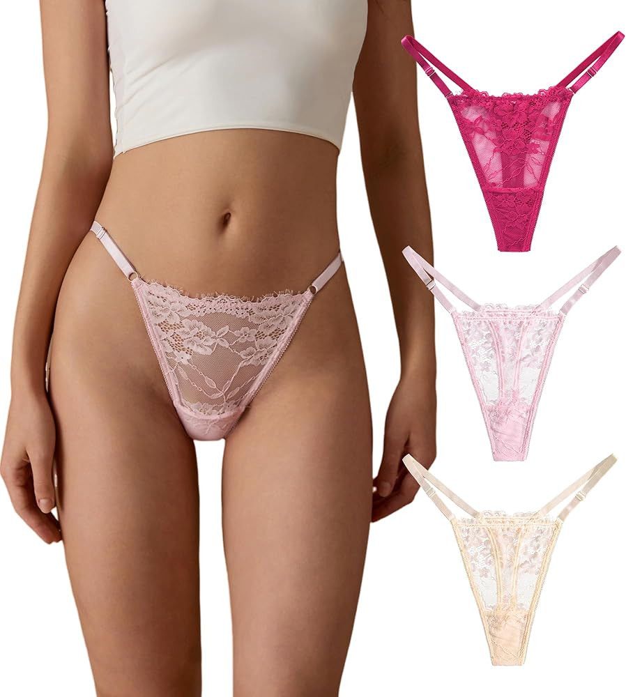 SHARICCA Lace G-String Thongs for Women Adjustable Sexy Low Rise Underwear Breathable T-back Thon... | Amazon (US)