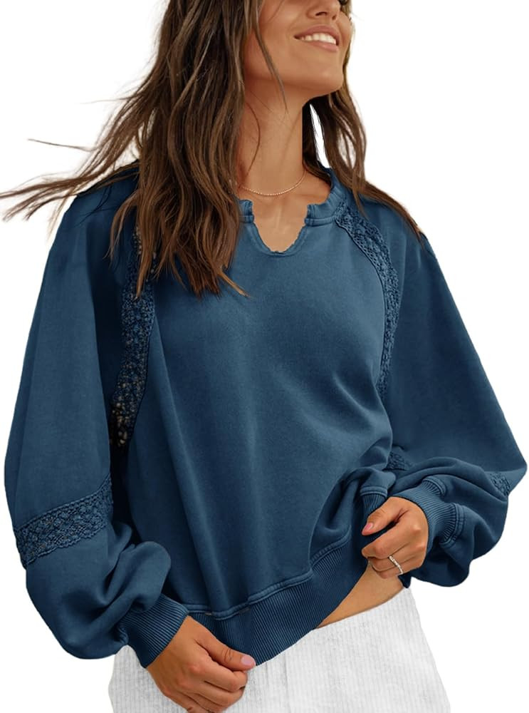Fisoew Womens Oversized Sweatshirt Casual V Neck Lace Lantern Long Sleeve Cropped Loose Fit Fall ... | Amazon (US)