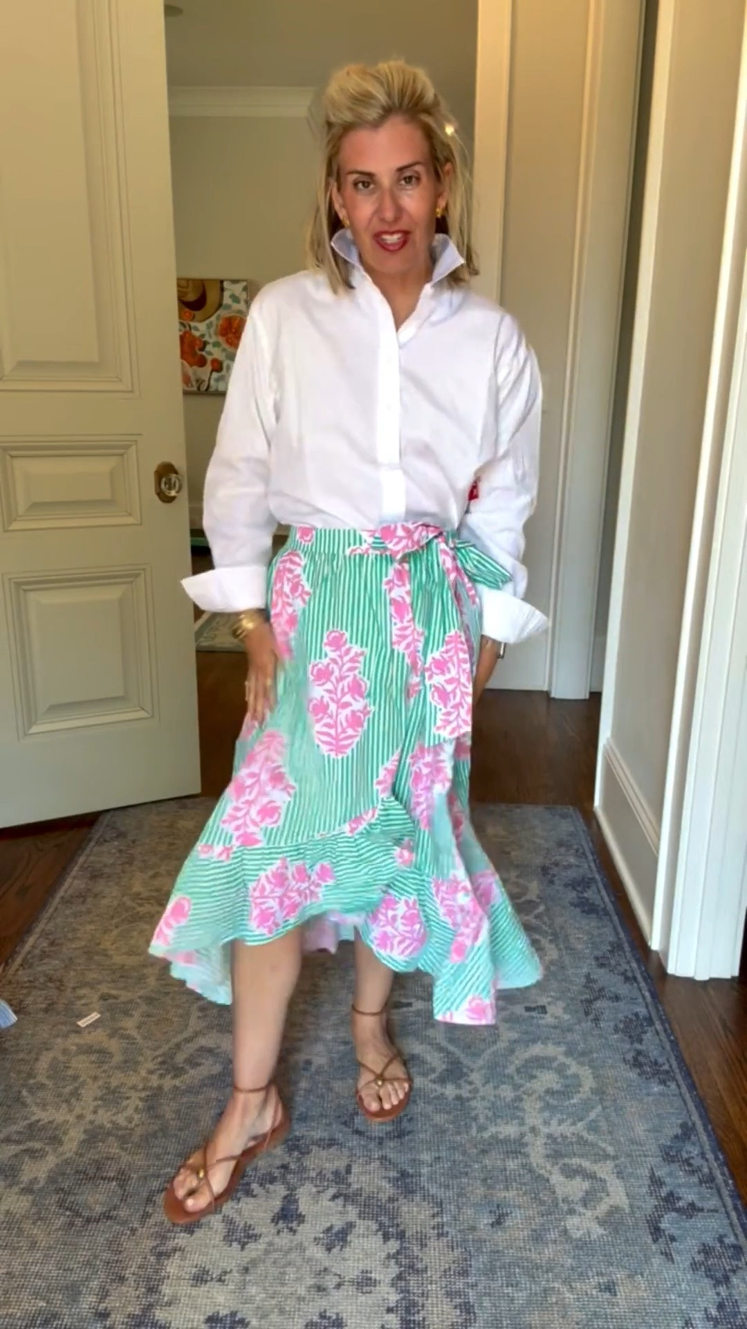 Oh yes, I am loving this Look! Always a fan of a white button down and pop that collar. I’m wearing xs in the blouse and skirt & 8 sandal tts. ￼ 

*Use code at Catherine10 at Sprinkled with Pink￼

#LTKOver40 #LTKmomlife #LTKdayinmylife