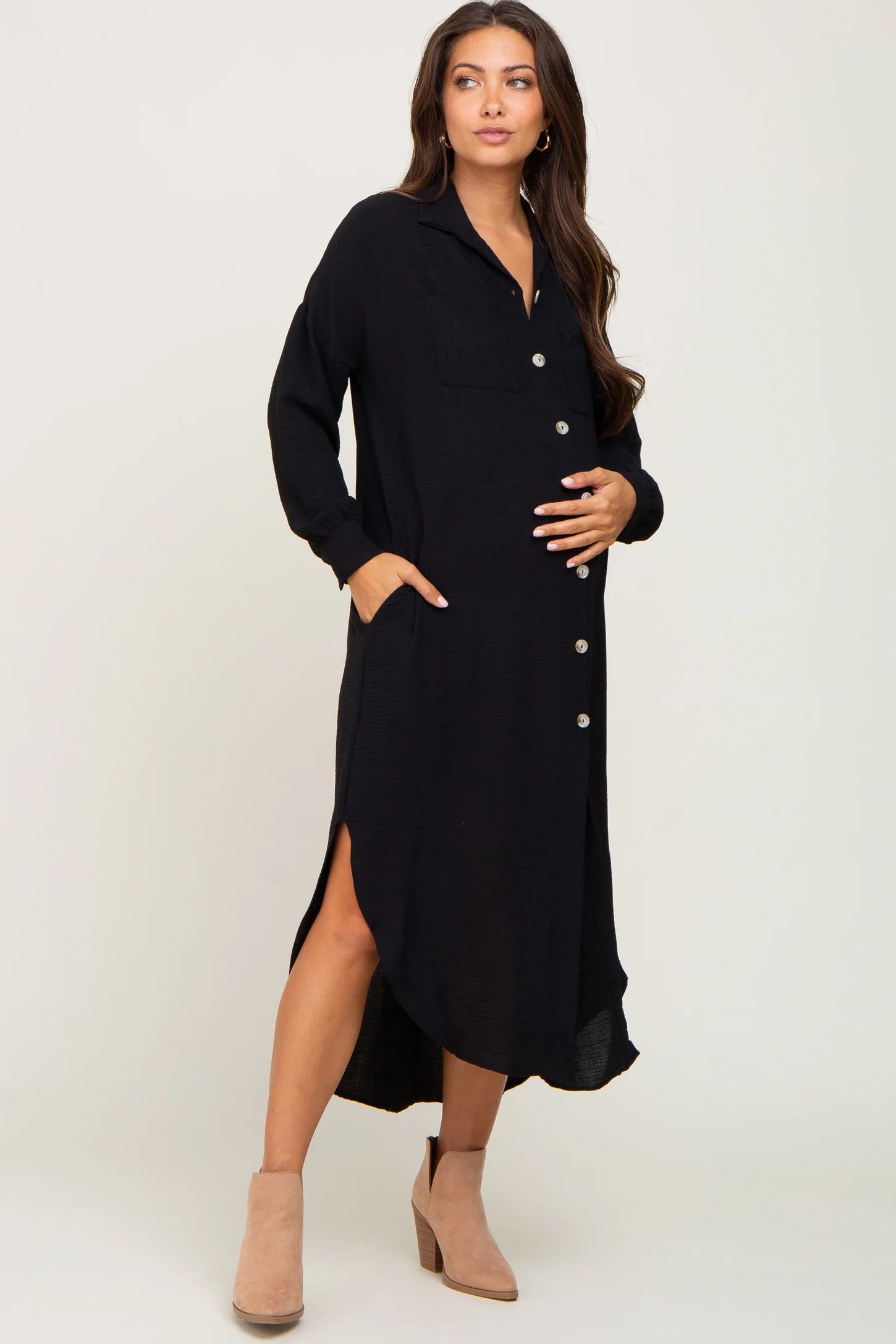 Teal Button Down Front Pocket Maternity Midi Dress | PinkBlush Maternity