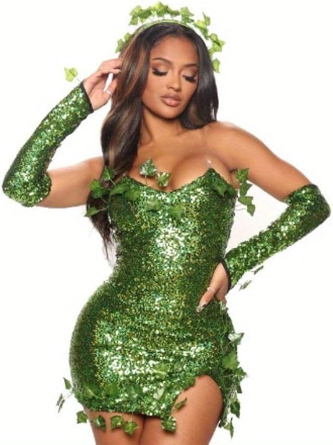 Women Halloween Deluxe Green Ivy Cosplay Costume Sleeveless Fake Leaves Sequin Fairy Dress + Glov... | Amazon (US)