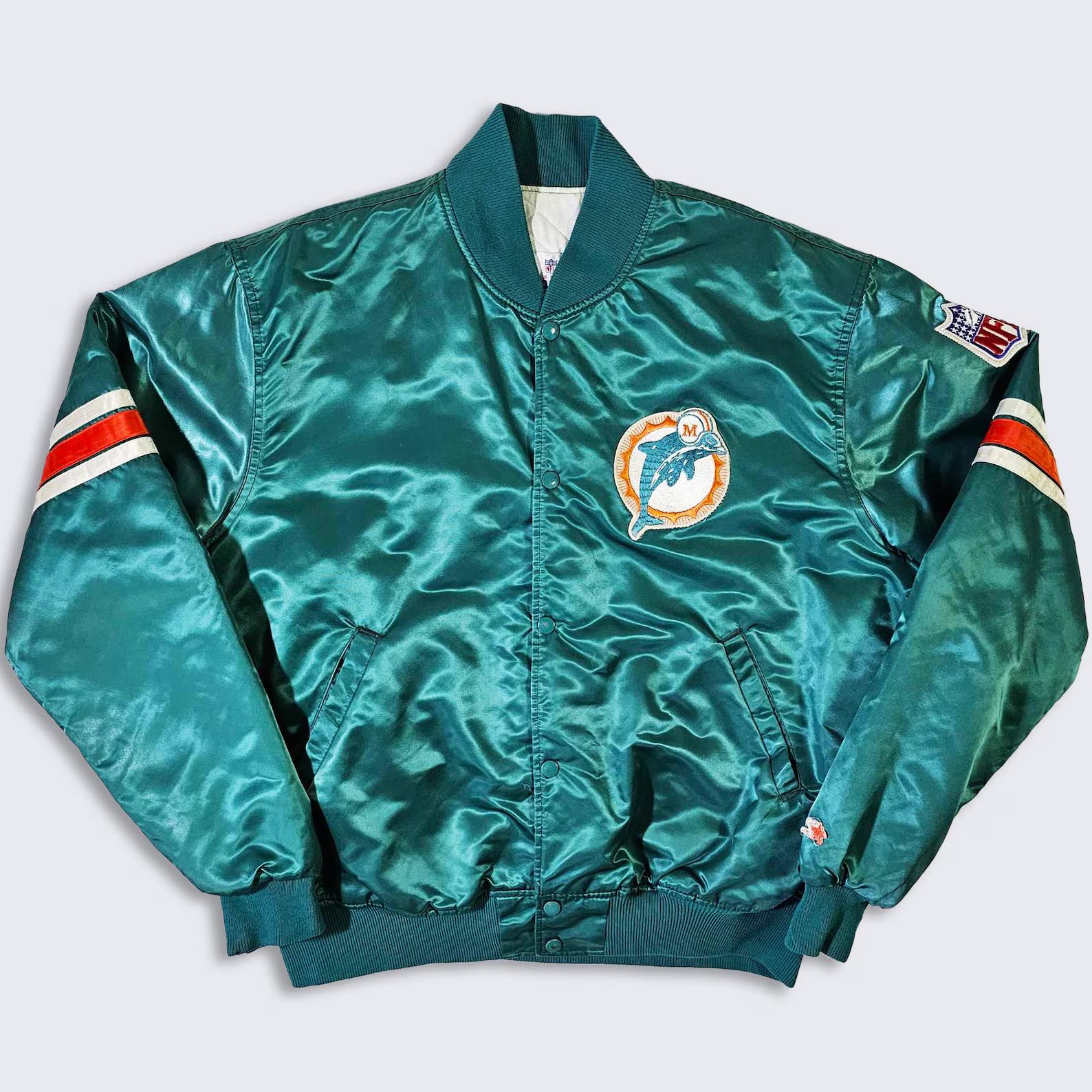 Miami Dolphins Vintage 80s Starter Satin Bomber Jacket Blue and Orange NFL Football Coat Snap Clo... | Etsy (US)