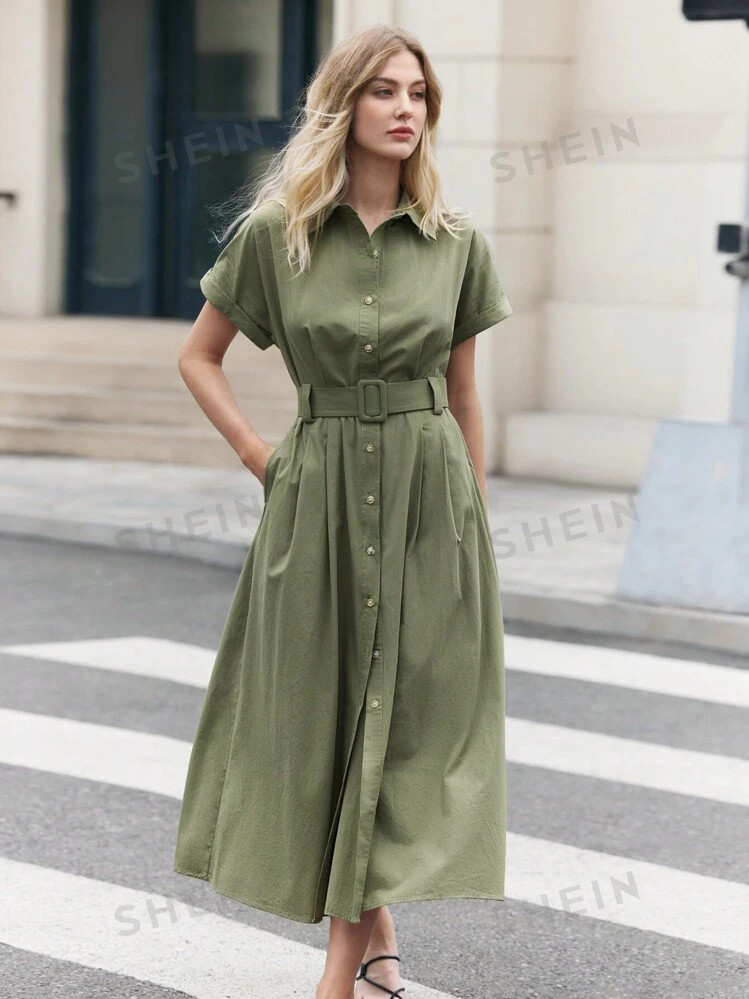 SHEIN BIZwear Women's Solid Color Button Front Short Sleeve Dress With Slanted Pockets | SHEIN