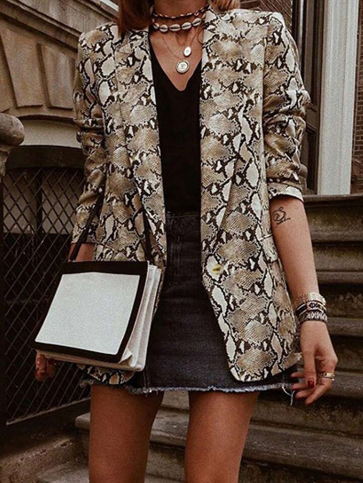 Plus Size Women's Shawl Collar Snake Print Blazer Jacket | SHEIN