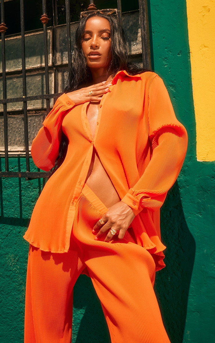 Bright Orange Plisse Button Front Oversized Shirt | Pretty Little Thing (Australia & New Zealand)