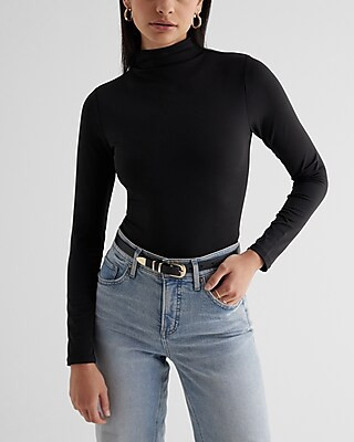 Express Women's Body Contour High Compression Mock Neck Long Sleeve Bodysuit in Black Medium | Express