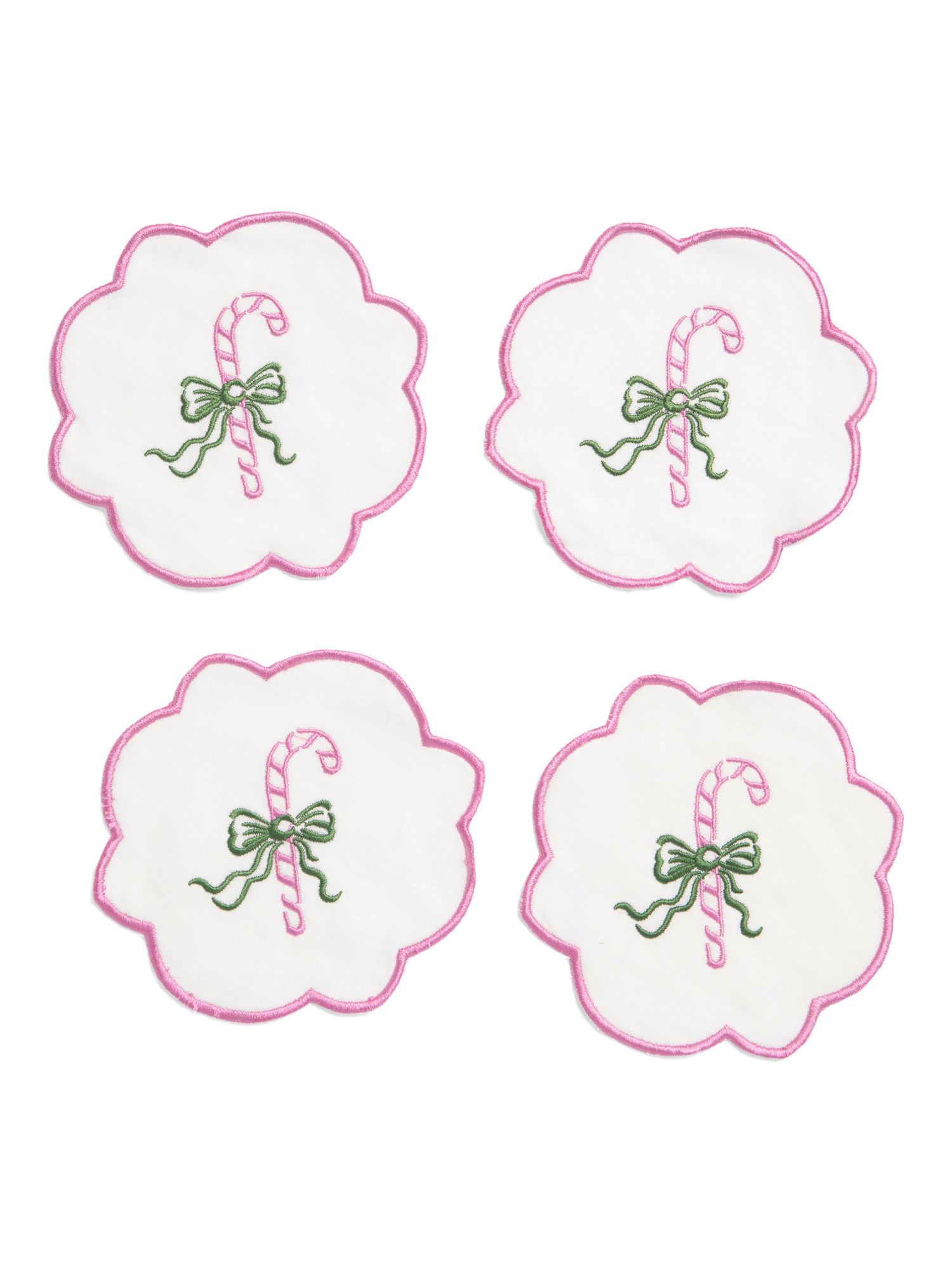 Set Of 4 Linen Candy Cane Embroidered Coasters | TJ Maxx