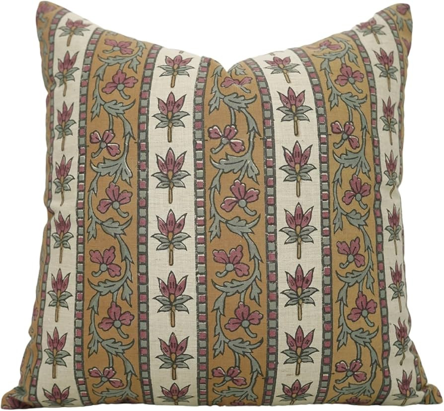 Floral Handmade Block Print Linen Blend 20X20 Inches Throw Cushion Cover, Indoor, Home Decor, Far... | Amazon (US)