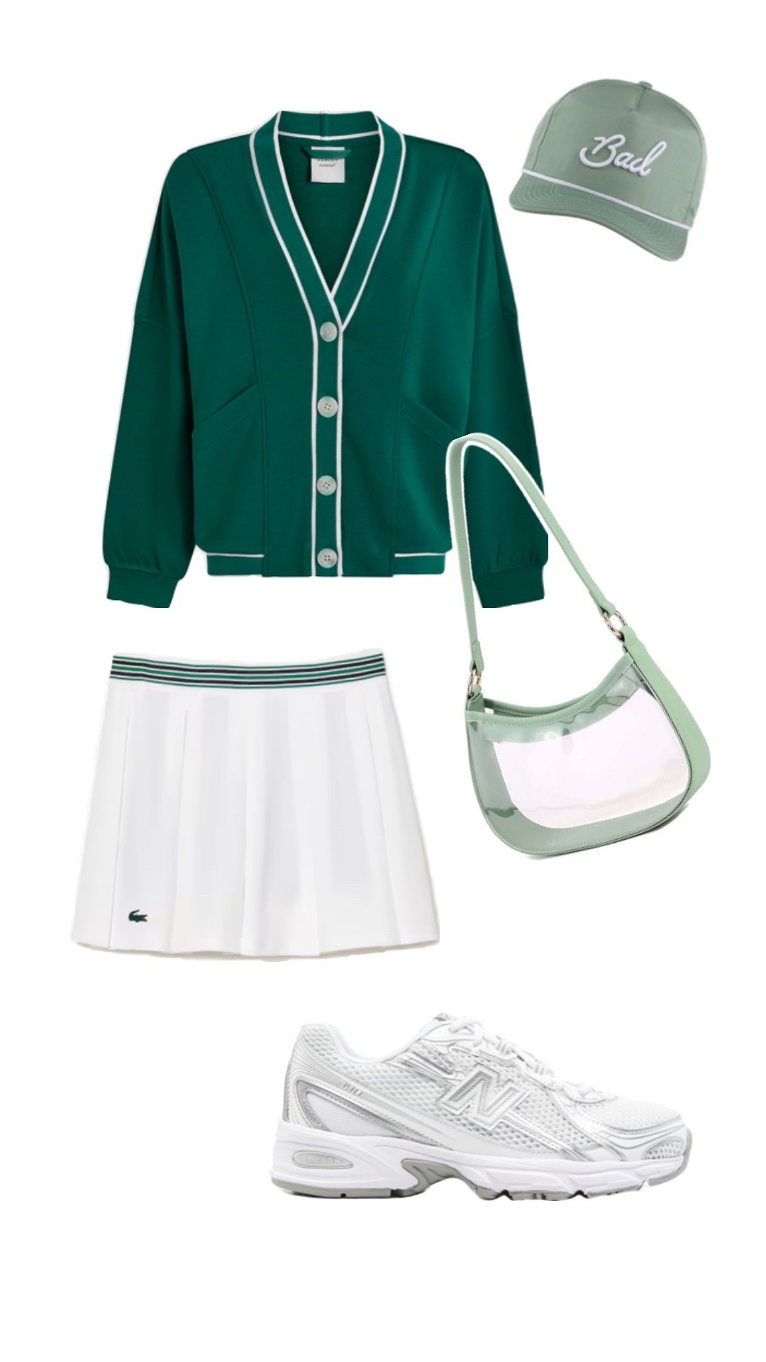 Golf tournament outfit! Waste management outfit, green cardigan, white tennis skirt, new balance sneakers, white sneakers 

#LTKActive