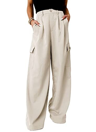 Dokotoo Work Pants Women Women's Pants Wide Leg Dress Pants Plus Size Pants Palazzo Business Casual High Waisted Slacks Pants for Women Trendy 2024 Fall Outfits Teacher Fashion Clothes Pockets Beige | Amazon (US)