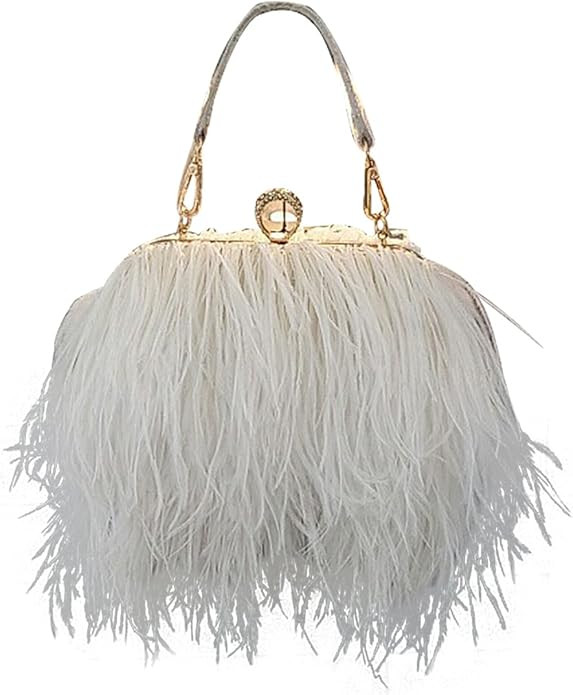 Zakia Real Natural Ostrich Feather Evening Clutch Shoulder Bag Party Bag (A-White): Handbags: Ama... | Amazon (US)