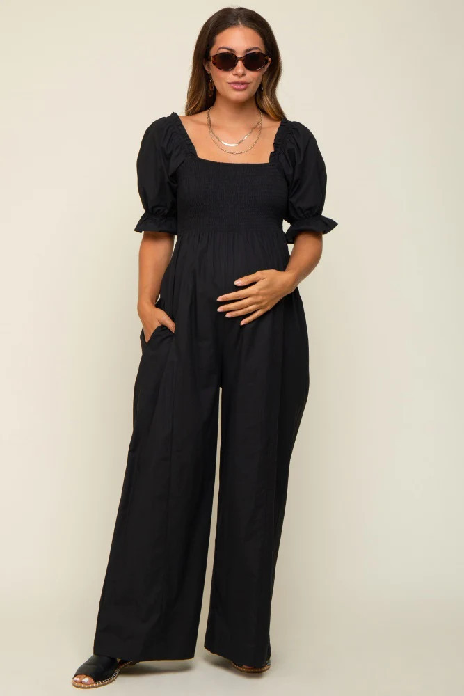 Black Smocked Square Neck Wide Leg Maternity Jumpsuit | PinkBlush Maternity