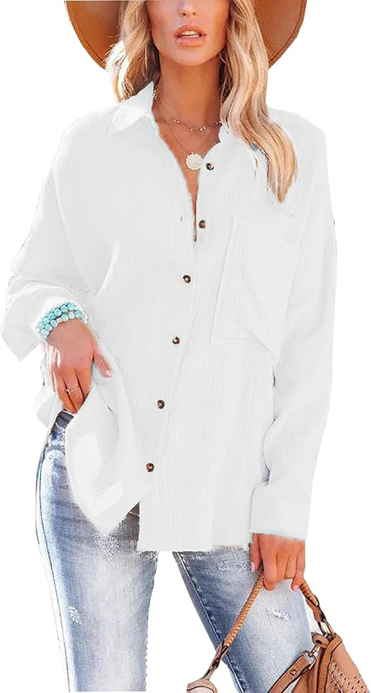 Womens Casual Oversized Button Down Shirt Long Sleeve Lapel Collar Blouses Loose Fit Tops | Amazon (US)