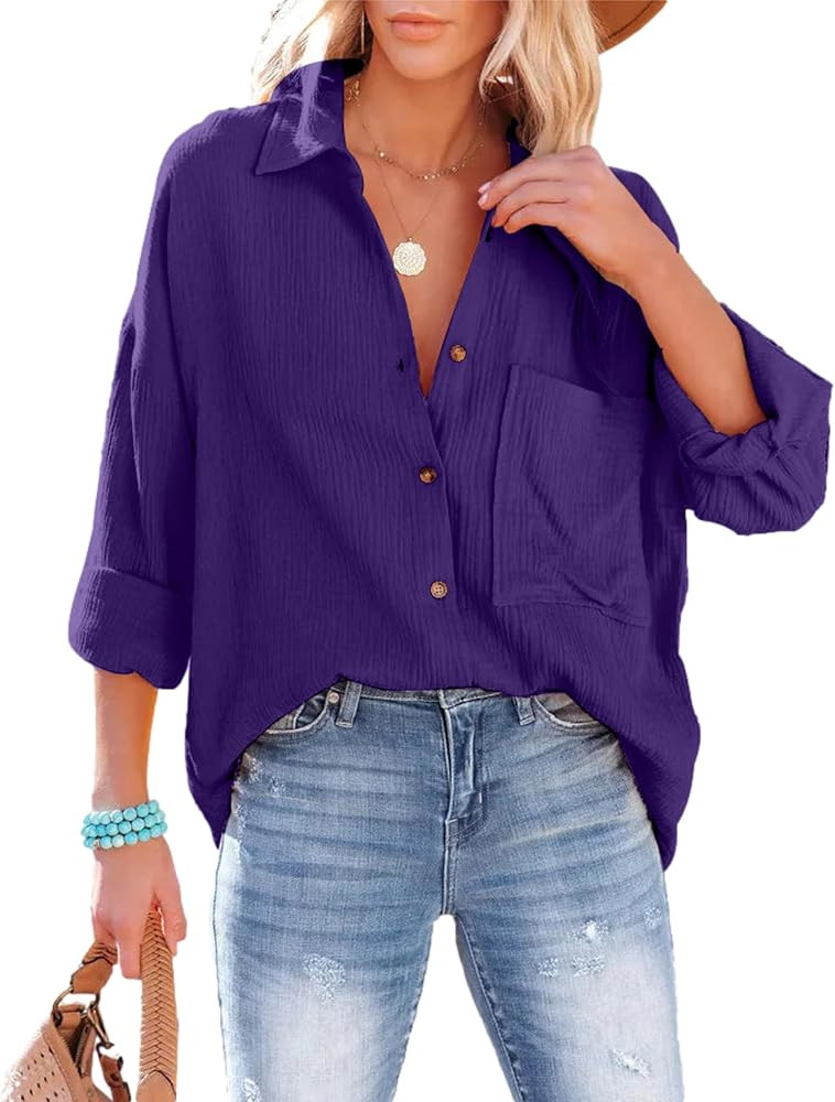 Mingzhu Womens Oversized Cotton Button Down Gauze Shirts Collared Long Sleeve Blouse Top | Amazon (US)