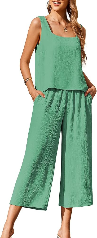 Ekouaer Women's Pajamas Set Sleeveless Lounge Sets Square Neck Tank Top Wide Leg Pants Matching S... | Amazon (US)