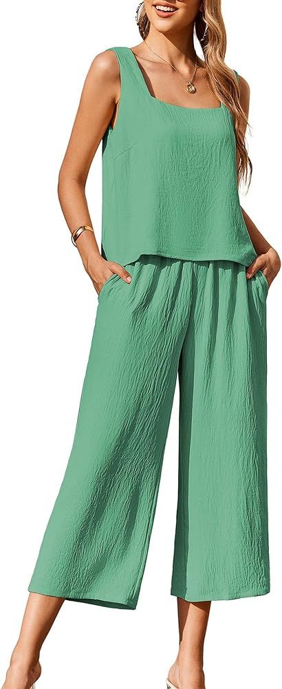Ekouaer Women's Pajamas Set Sleeveless Lounge Sets Square Neck Tank Top Wide Leg Pants Matching S... | Amazon (US)