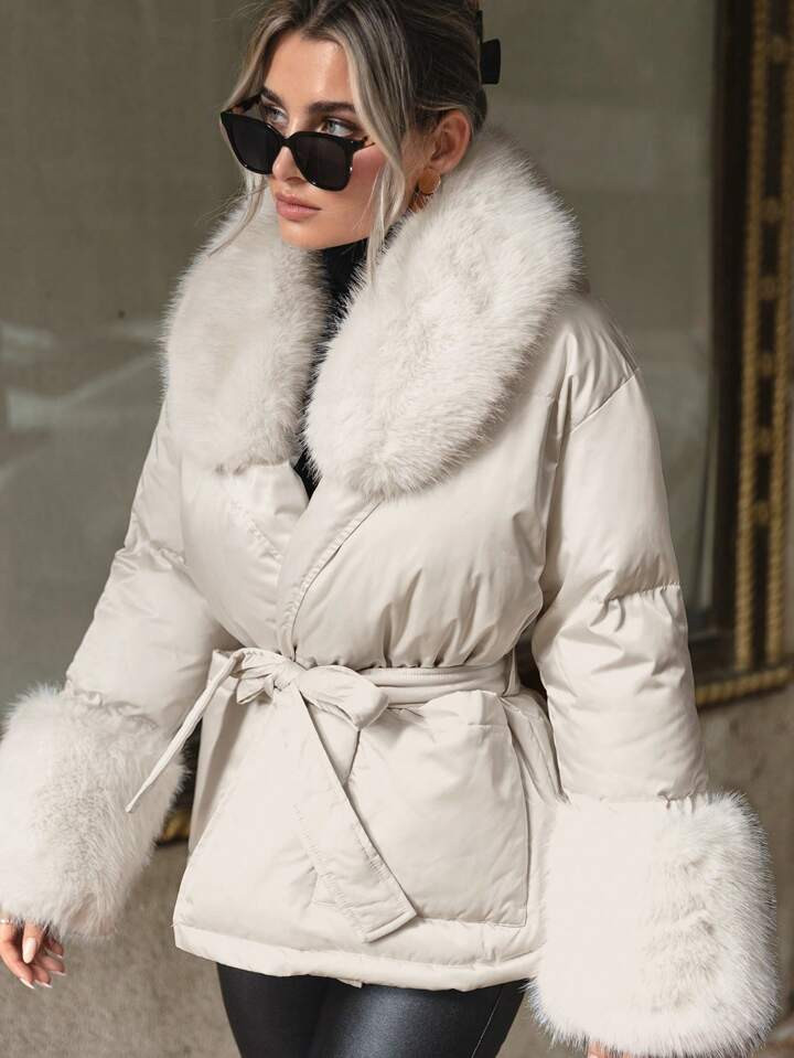 SHEIN BAE Fuzzy Collar Belted Puffer Coat | SHEIN