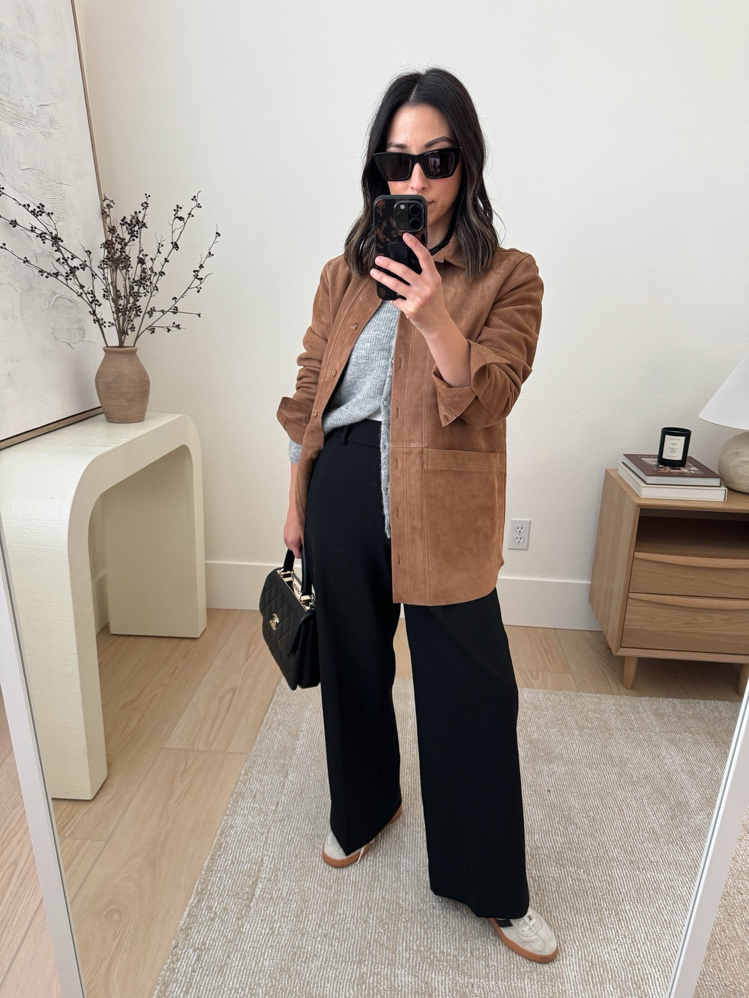 Sezane Suede Will jacket multiple ways. Best suede jackets. Truly, this one is stunning! I find it runs narrow, so for more room, size up. 

Sezane jacket small
Sezane cardigan xs
J.Crew pants regular 2
Chanel Trendy cc small
Adidas Spezial 4.5 mens
YSL Sunglasses

Fall outfits, fall style, petite style, purse

#LTKShoeCrush #LTKSeasonal #LTKItBag