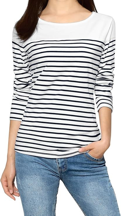 Allegra K Women's Long Sleeves Striped T Shirt Round Neck Cotton Causal Tops | Amazon (US)