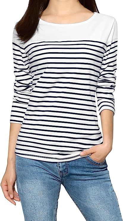 Allegra K Women's Long Sleeves Striped T Shirt Round Neck Cotton Causal Tops | Amazon (US)