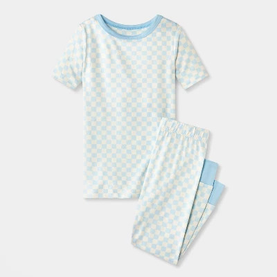 Toddler 2pc Short Sleeve Smooth Jersey Checkered Snug Fit Pajama Set - Cat & Jack™ Blue/Cream 5... | Target