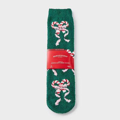 Women's Candy Cane Bows Christmas Cozy Crew Socks with Gift Card Holder - Wondershop™ Green/Whi... | Target