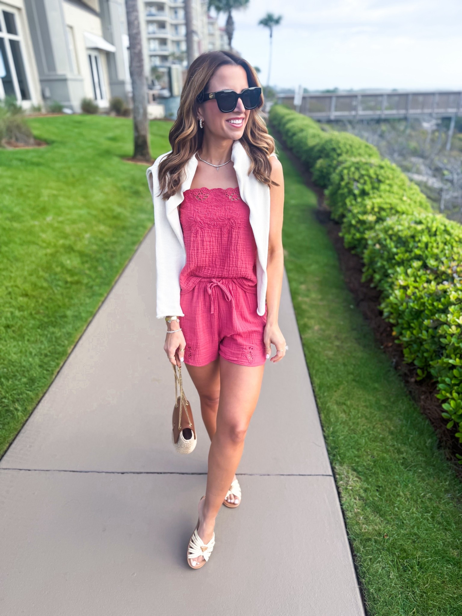 New from Target! Matching short set in XS - 100% cotton. Resort outfit. Resort wear. Vacation outfit. Matching vacation outfit. Swimsuit coverup. Prada radios sandals. YSL straw bag. 

#LTKTravel #LTKSwim #LTKootd