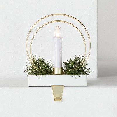 Battery Operated Lit Candle Christmas Stocking Holder with Rings and Greenery Gold/White - Wondersho | Target
