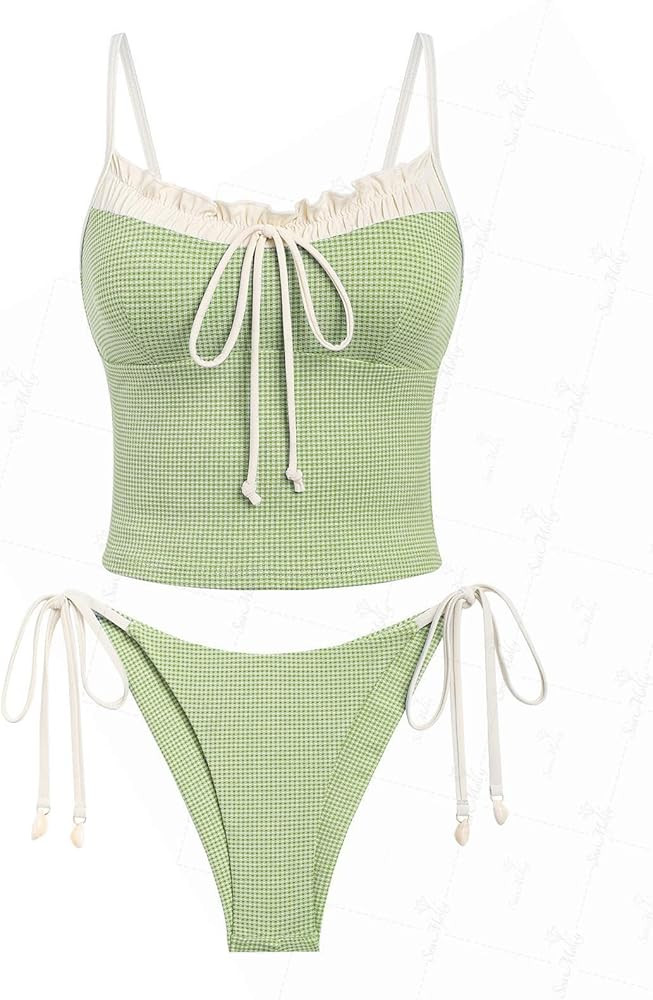 seamoly Gingham Cinched Back Bow Decor Tie Side Tankini Set | Amazon (US)