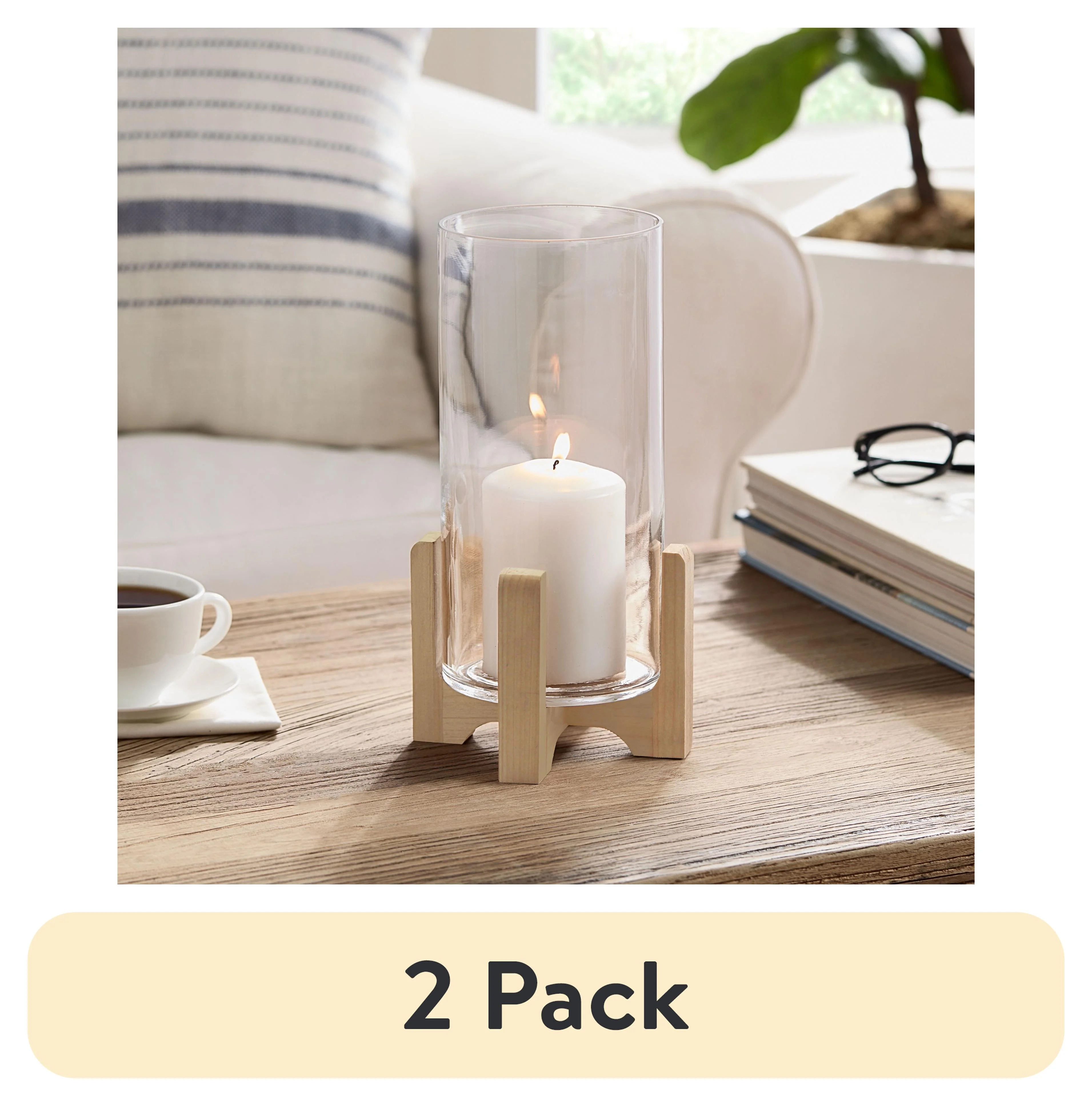 (2 pack) Better Homes & Gardens Glass Hurricane Candle Holder with Wood Stand, 11.5", Large | Walmart (US)