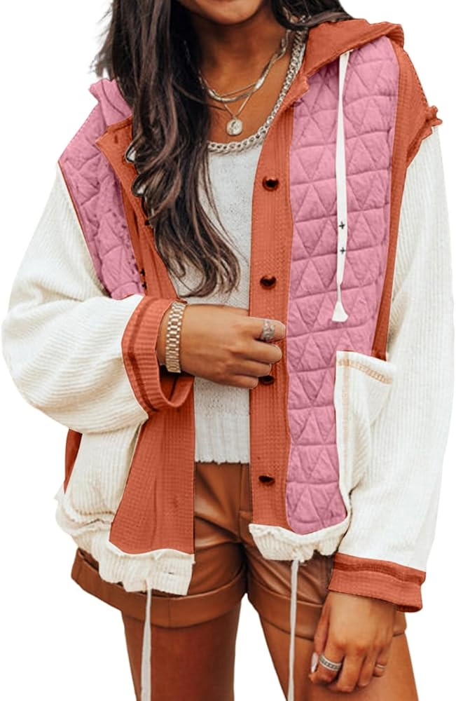 KevaMolly Womens Western Jacket Long Sleeve Quilted Textured Patchwork Loose Fit Hooded Jacket Ca... | Amazon (US)
