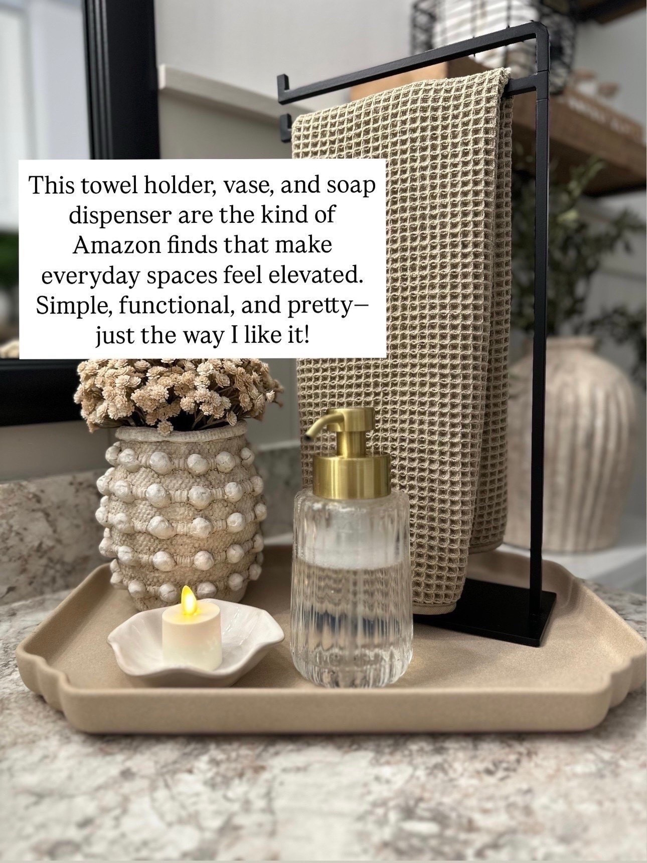Pretty little details for your countertop.
Follow @farmtotablecreations on Instagram for more Amazon home finds.

This towel holder, vase, and soap dispenser are simple, stylish additions that instantly elevate everyday spaces—proof that function and beauty can go hand in hand.

#bathroomdecor #amazonhomefinds #soapdispenser #towelholder #countertopdecor #vase #bathroomstyle #neutralhome #functionalstyle #homeorganization



#LTKSaleAlert #LTKFindsUnder50 #LTKHome