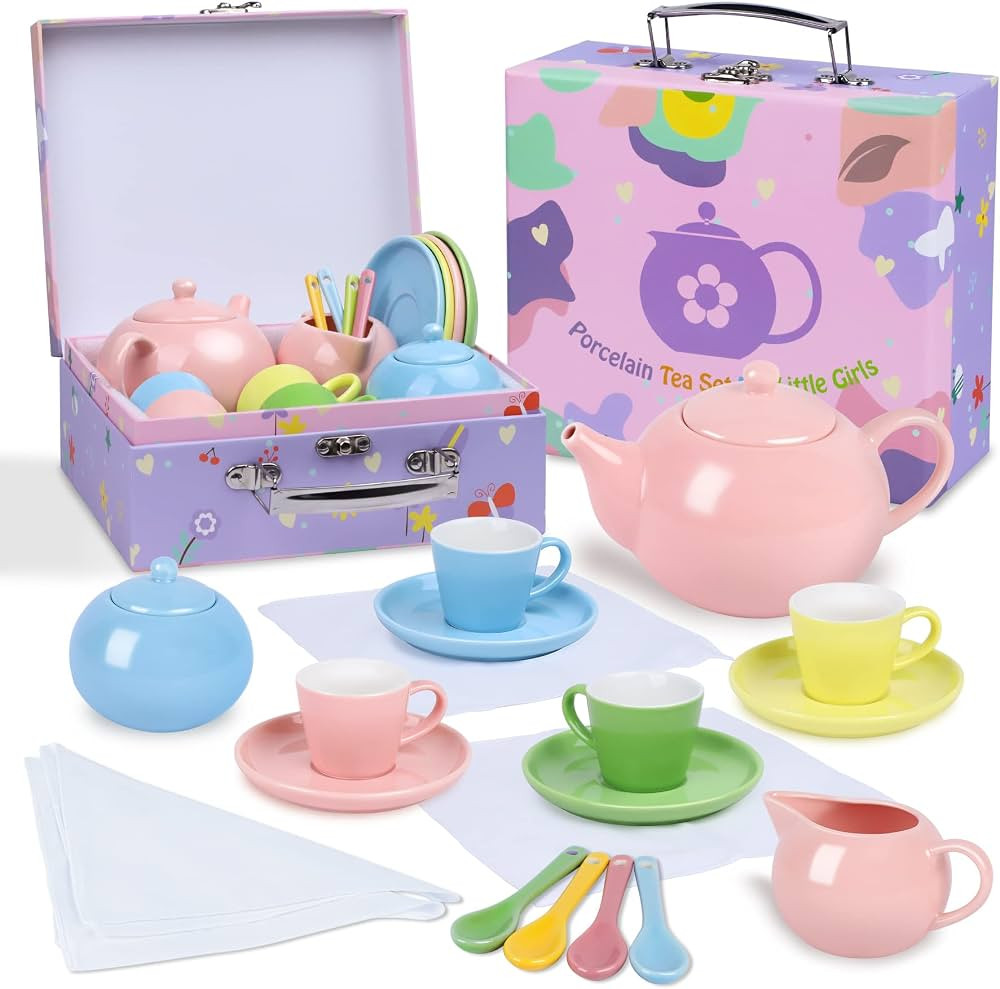 Porcelain Tea Party Set for Little Girls, 22 Pcs Princess Tea Time Toy Including Teapot,Saucers,T... | Amazon (US)
