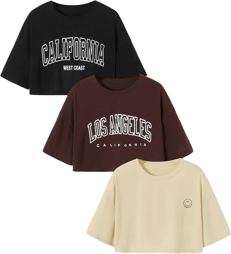 Verdusa Women's 3 Piece Crop Tops Drop Shoulder Letter Print T Shirt Loose Casual Tee Top | Amazon (US)
