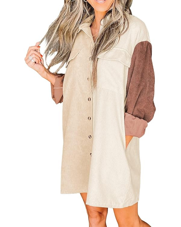 Shanfetl Womens Corduroy Shirt Dress Oversized Shacket Jacket Button Down Long Sleeve Dress with ... | Amazon (US)