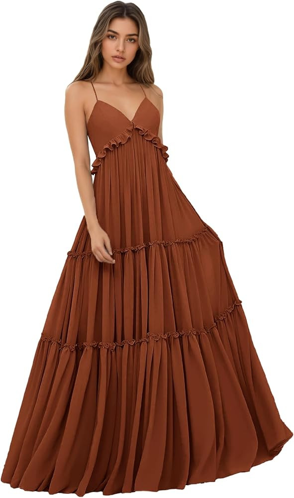 Spaghetti Strap Bridesmaid Dresses for Women Beach Wedding Long Ruffle Boho Formal Evening Dress | Amazon (US)