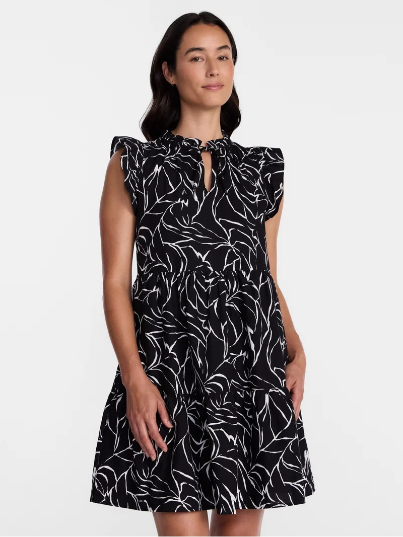 Time and Tru Women's and Women's Plus Cotton Mini Dress with Flutter Sleeves, Sizes XS-4X | Walmart (US)