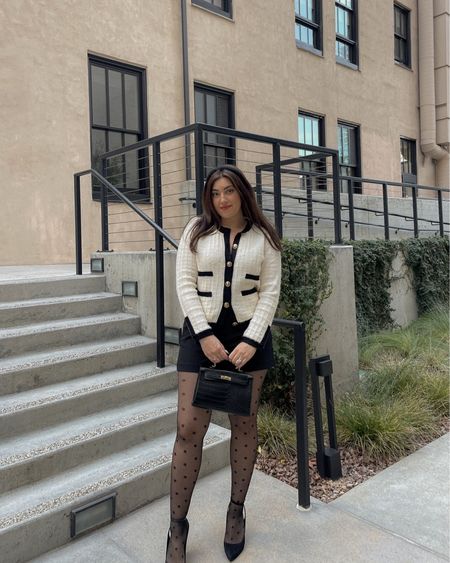 Emily in Paris inspired outfit from Express 💖 Wearing high waisted editor shorts in black and a gold button detail black and white jacket. 🤍

#LTKstyletip #LTKSeasonal #LTKFind