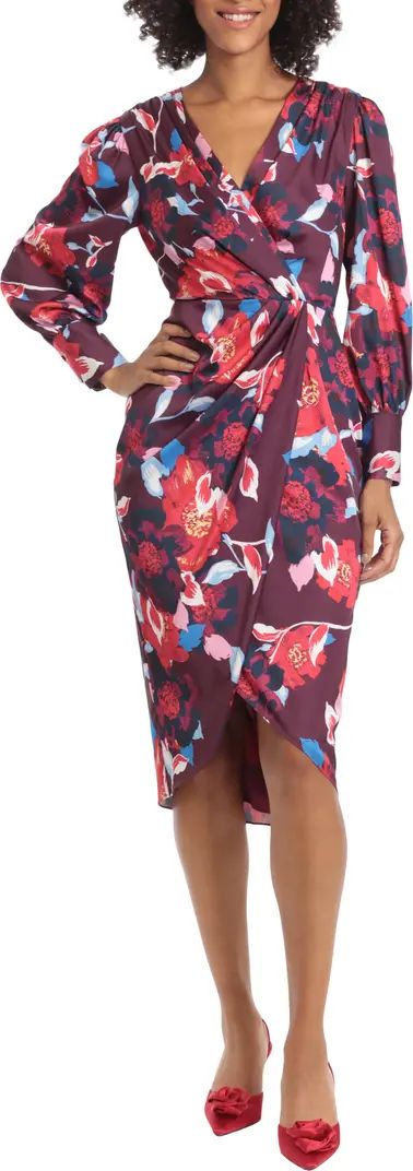 Maggy London Floral Print Long Sleeve Faux Wrap Midi Dress | Nordstrom | Nordstrom