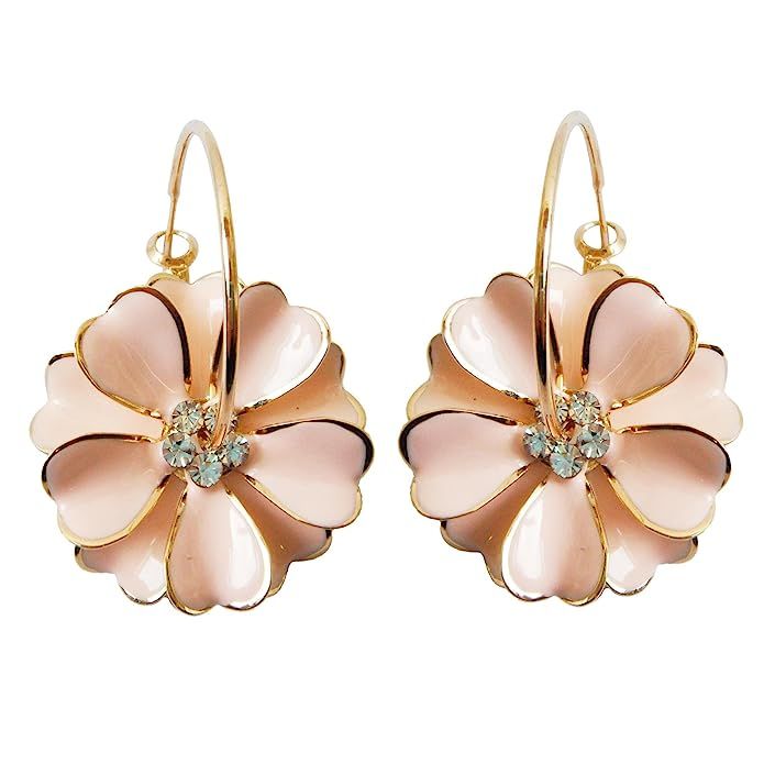 Navachi 18k Gold Plated Pink Enamel Flower Crystal Az2437e Hoop Earrings(dia. 3cm) | Amazon (US)