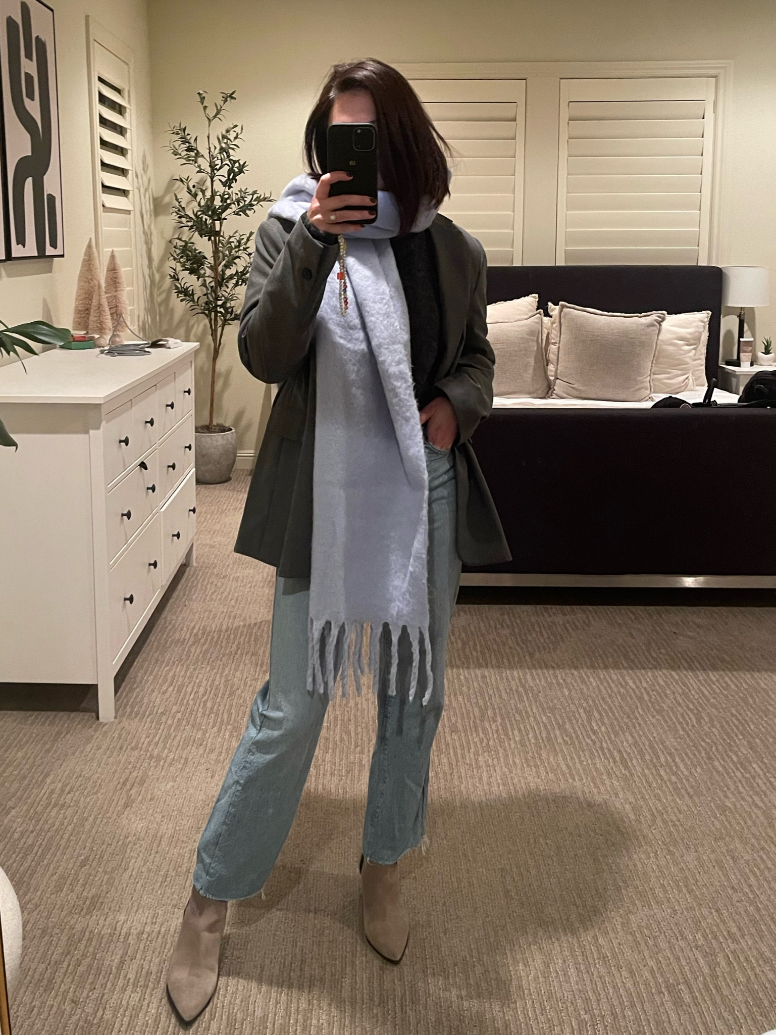 Grey sweater, grey blazer 
Light straight leg jeans 
Taupe boots 
Light blue warm scarf 

#LTKstyletip #LTKSeasonal #LTKover40