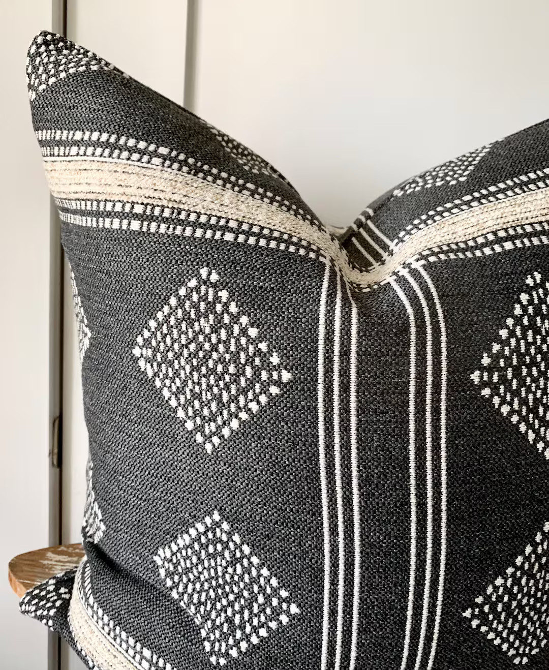 Indoor Outdoor Pillow Cover Double Sided Charcoal Gray / Black Natural Pillow Diamond & Stripe Ne... | Etsy (US)
