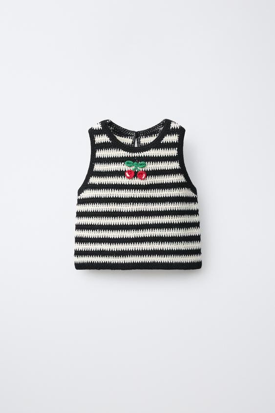 CHERRY EMBROIDERED STRIPED CROCHET KNIT TOP | Zara US