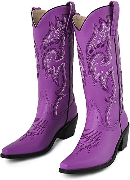 Womens Embroidered Cowboy Cowgirl Boots Snip Toe Chunky Heel Western Boots Pull On Mid Calf Boots | Amazon (US)