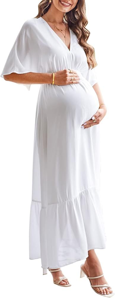 STYLEWORD Women's Maternity Summer Maxi Dresses 2024 Casual Short Sleeve V Neck Baby Shower Flowy... | Amazon (US)